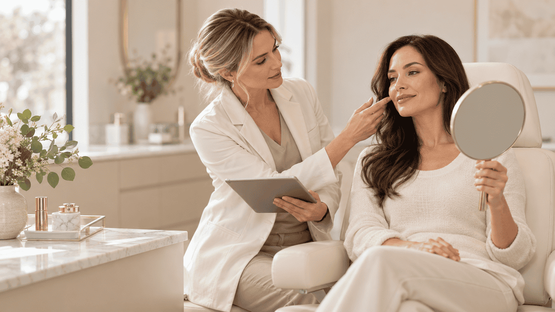 Woman reviewing a long-term facial rejuvenation plan with an aesthetic provider during a full-face consultation.