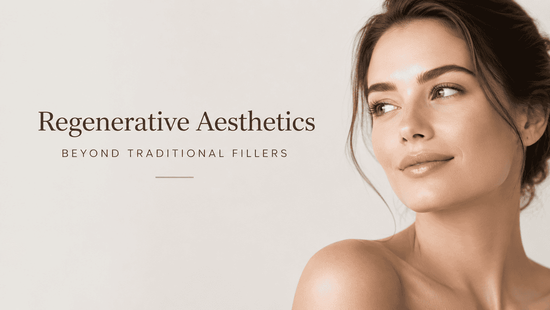 Regenerative aesthetics treatment concept featuring a woman with glowing skin and the text “Regenerative Aesthetics: Beyond Traditional Fillers.”